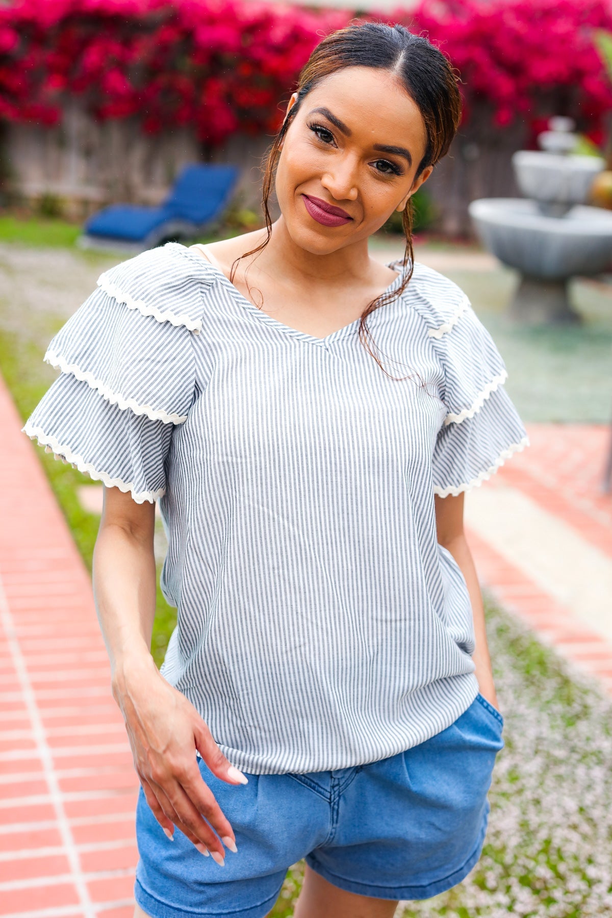 Lovely In Gray Stripe Tiered Ruffle Sleeve Ric Rac Trim Top