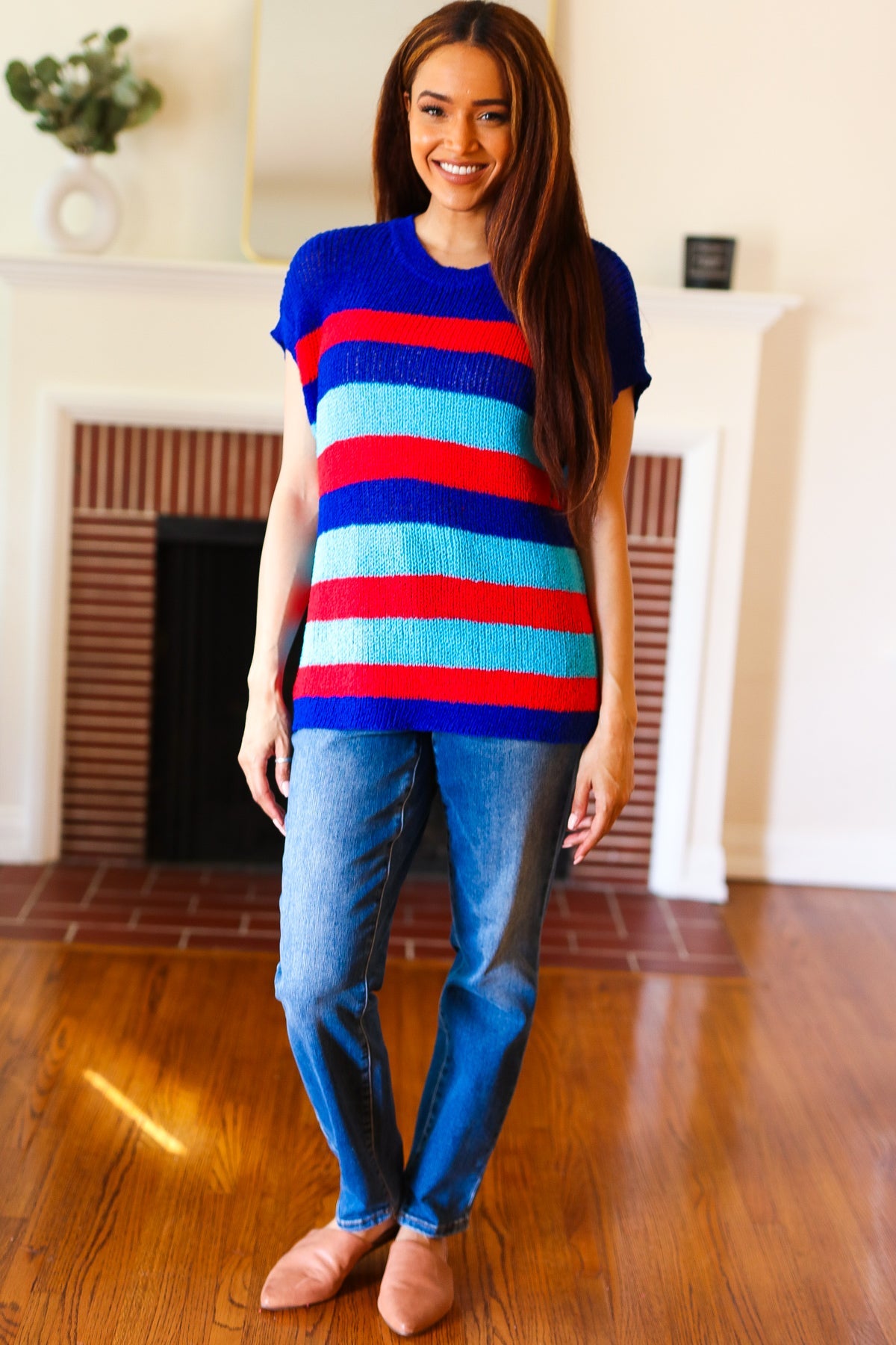 Forget Me Not Royal Blue Stripe Short Sleeve Dolman Sweater