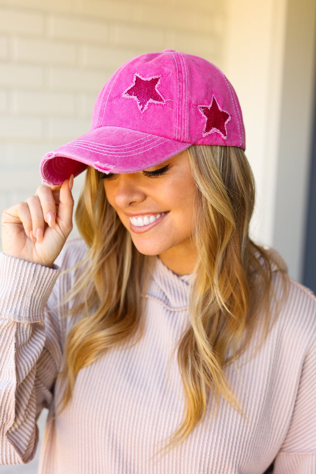 Fuchsia Glitter Star Distressed Baseball Cap