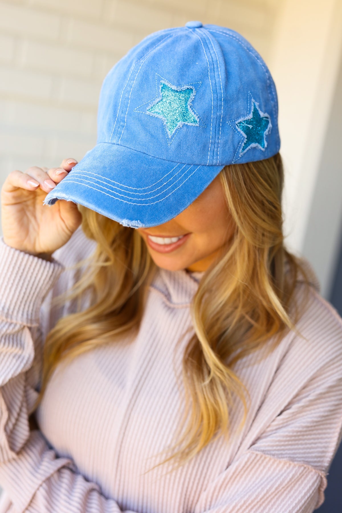 Blue Glitter Star Distressed Baseball Cap