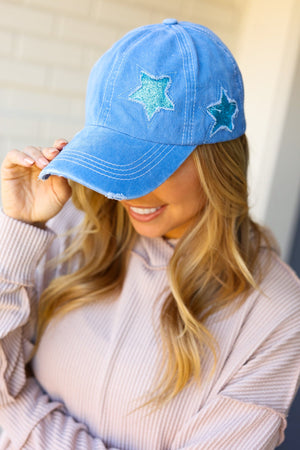 Blue Glitter Star Distressed Baseball Cap