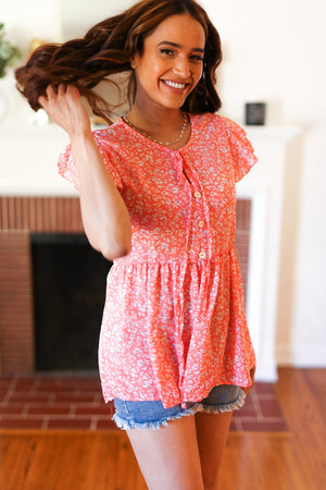 Peach Floral Button Tie Neck Babydoll Top