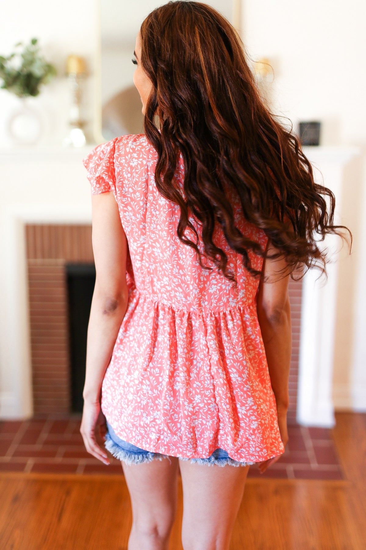 Peach Floral Button Tie Neck Babydoll Top