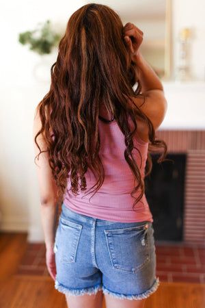 Dusty Rose Cotton Henley Ribbed Tank Top