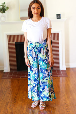 Tropical Boho Smocked Waist Side Slit Palazzo Pants