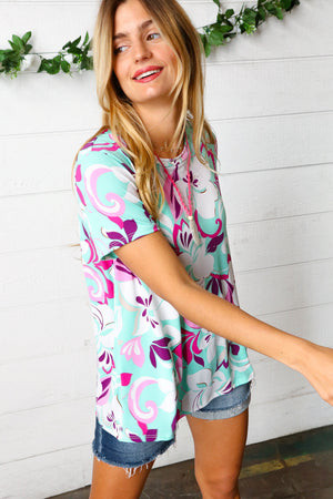 Turquoise & Purple Flat Floral Print Top