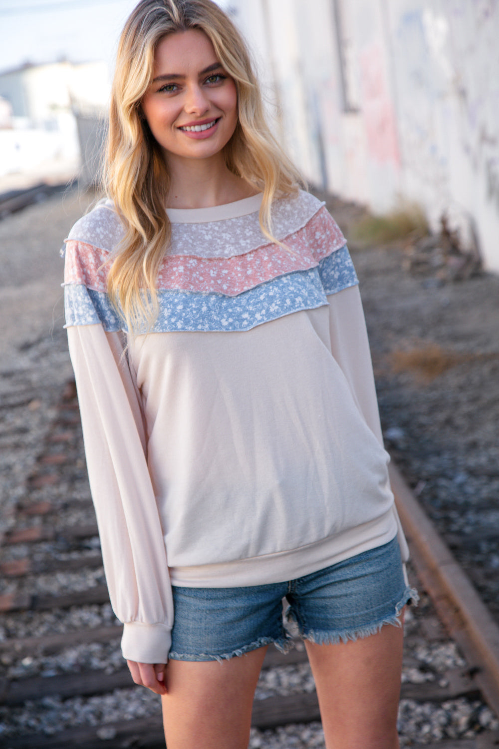 Taupe & Sky Blue Thermal Knit Out Seam Stitch Pullover