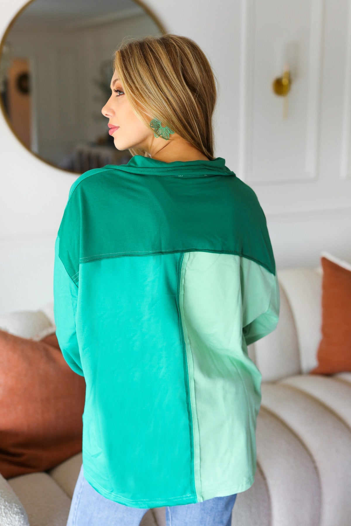 On The Way Up Mint Color Block Button Down Pullover