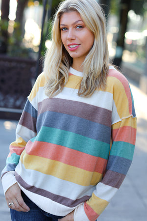 Teal & Mustard Stripe Hacci Outseam Sweater Top