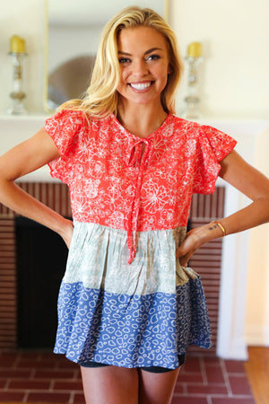 Red & Blue Color Block Tiered Tie Neck Top