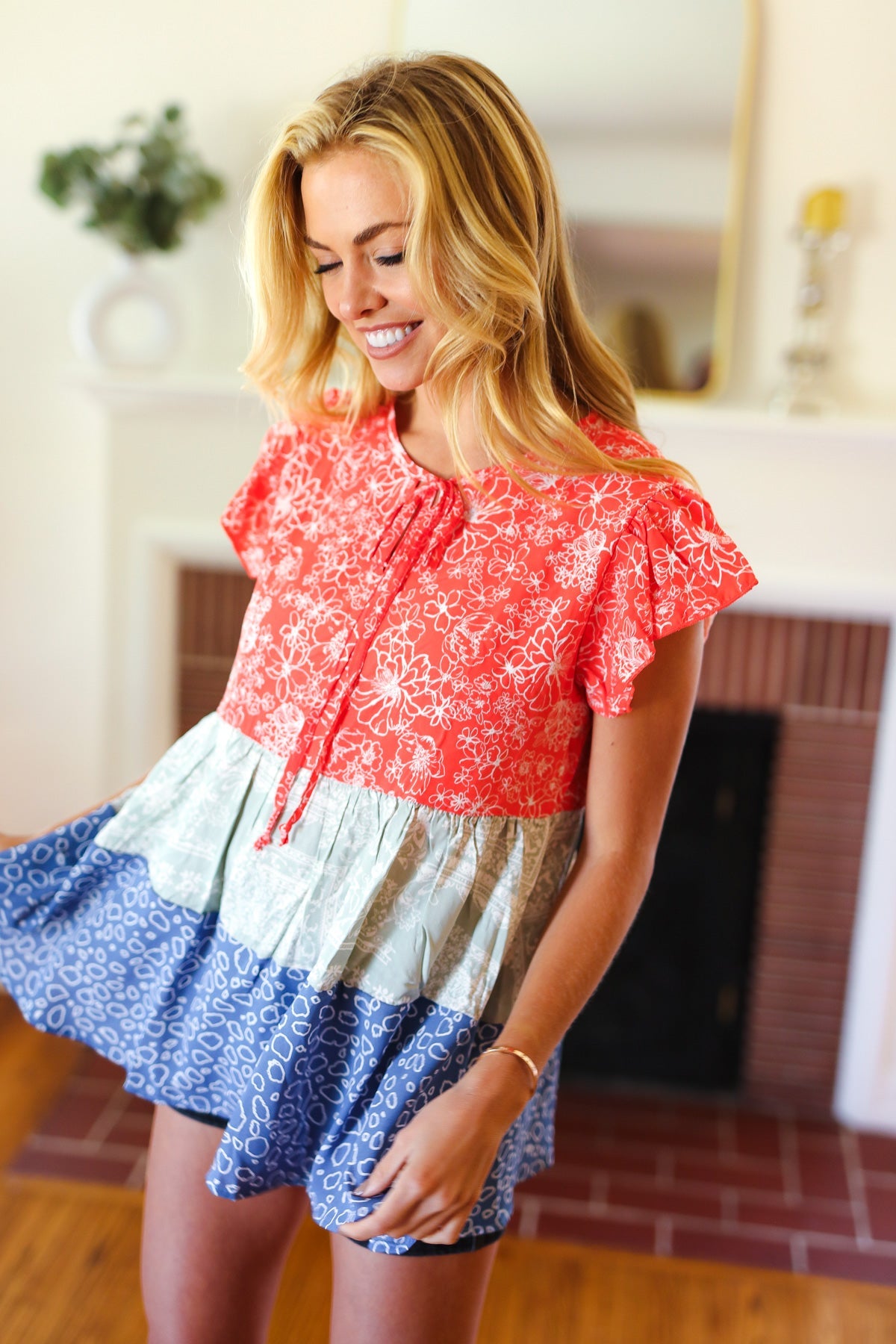 Red & Blue Color Block Tiered Tie Neck Top