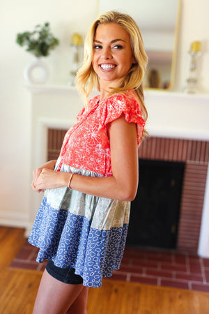 Red & Blue Color Block Tiered Tie Neck Top