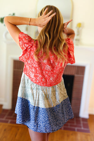 Red & Blue Color Block Tiered Tie Neck Top