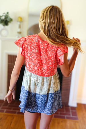 Red & Blue Color Block Tiered Tie Neck Top