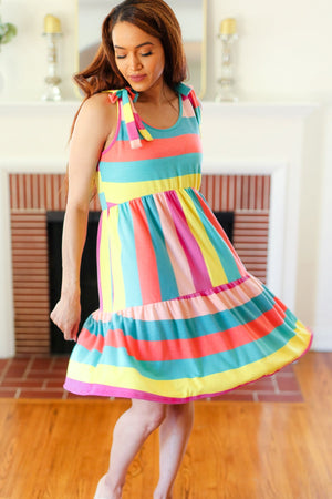 Start The Day Rainbow Stripe Shoulder Tie Tiered Dress