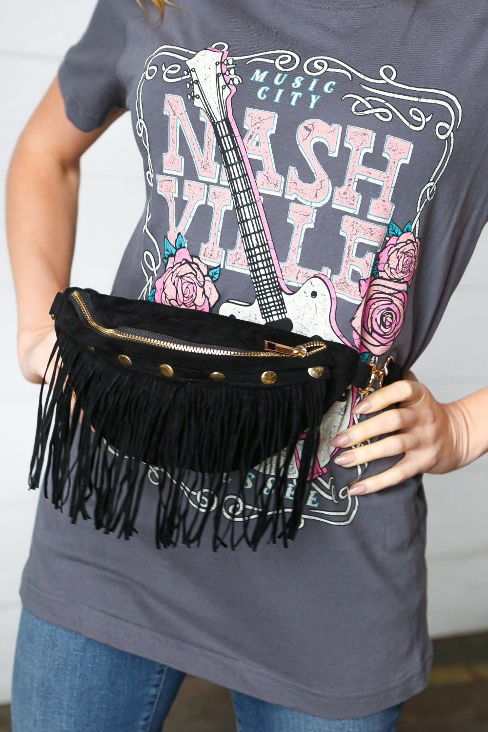 Black Vegan Suede Sling Fringe Fanny Pack/Crossbody