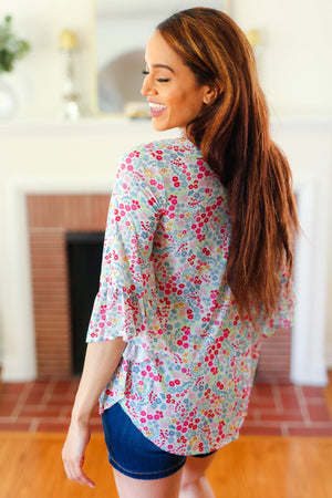 Feeling It Blue Floral Print Ruffle Three Quarter Sleeve Top