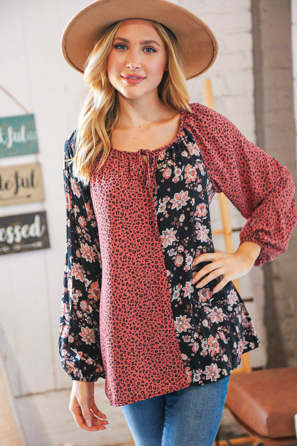 Mauve Leopard and Floral Color Block Key Hole Top