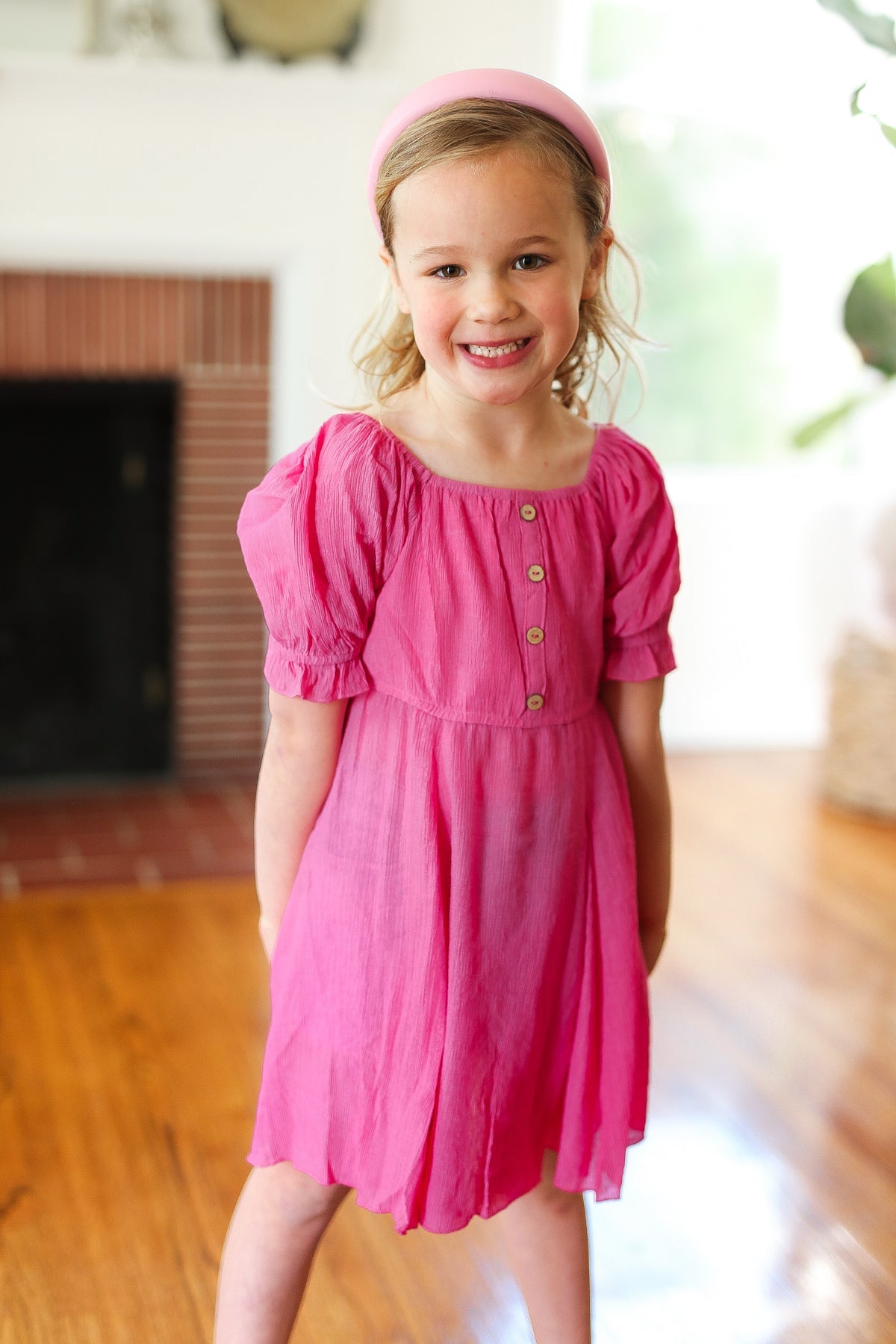 Kids Adorable Dark Rose Button Square Neck Ruche Dress