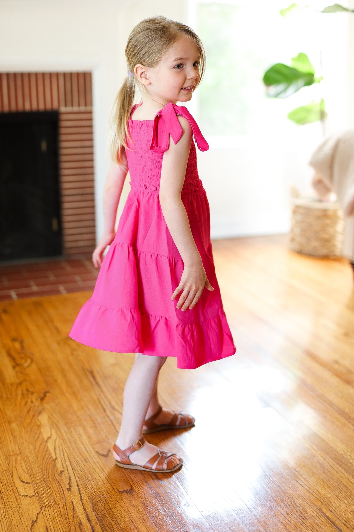 Kids Darling Pink Crepe Tiered Smocked Shoulder Tie Dress