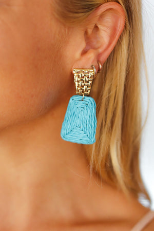 Azure & Gold Geometric Raffia Woven Earrings