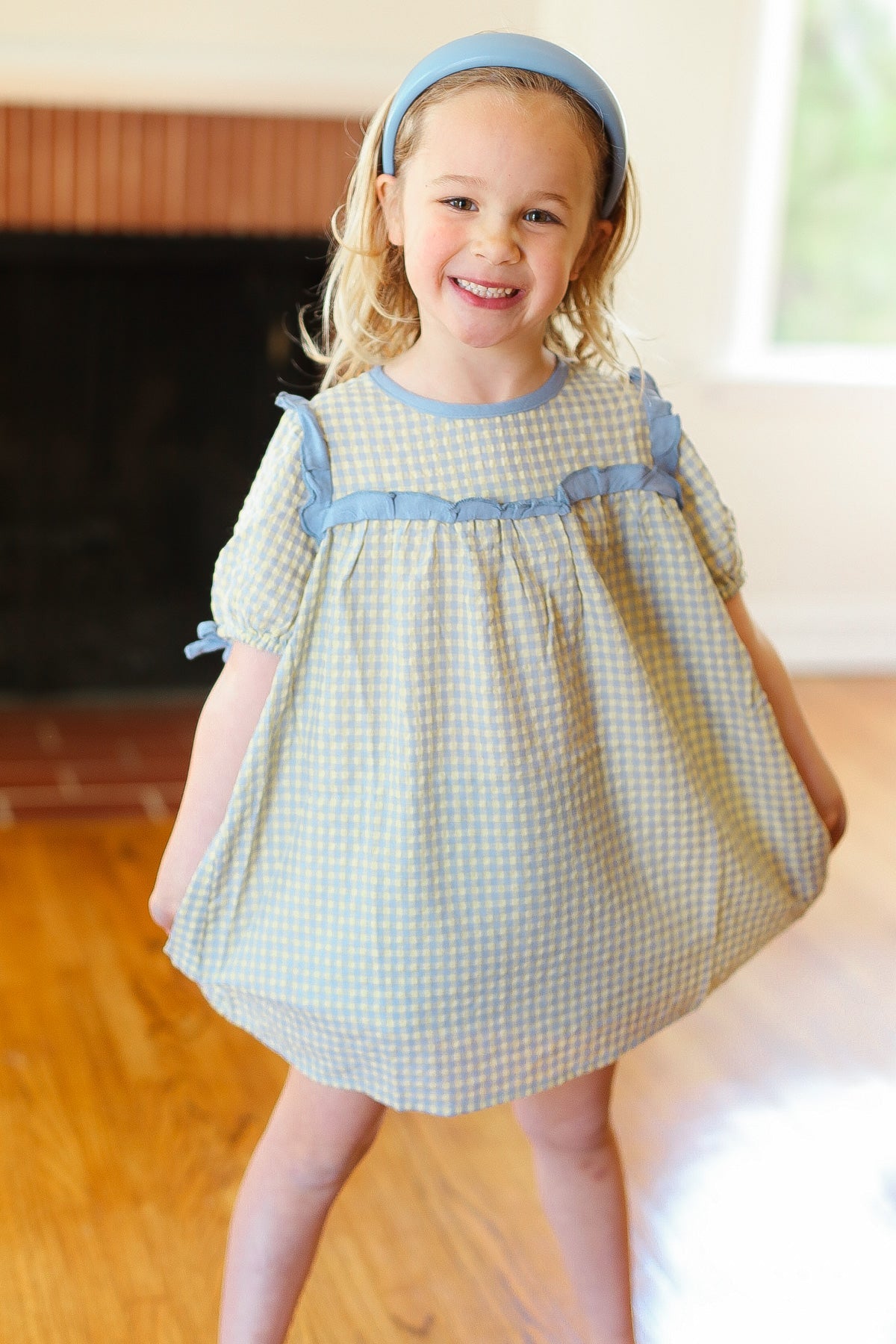 Kids Charming Blue Gingham Elastic Tie Sleeve Dress