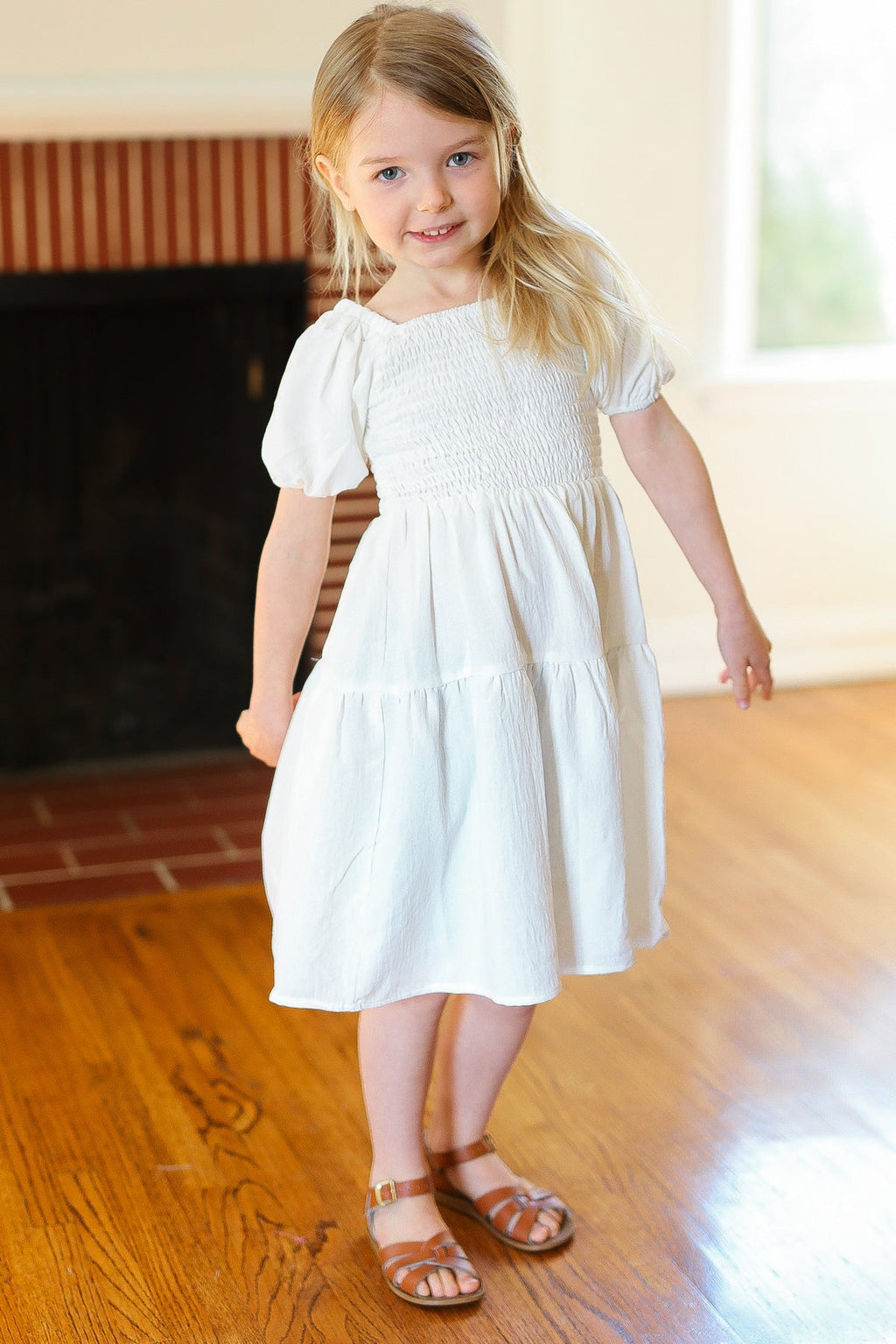 Kids Enchanting Ivory Smocked Bubble Sleeve Tiered Dress