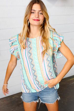 Multicolor Boho Stripe Smocked Ruffle Frill Sleeve Top