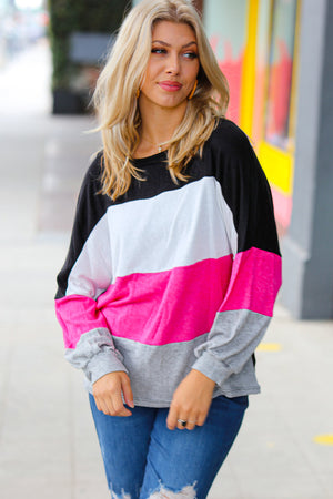 Fuchsia & Black Color Block Hacci Sweater Top