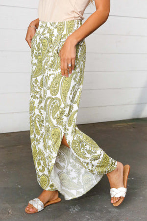 Light Green Paisley Print Side Slit Palazzo Pants