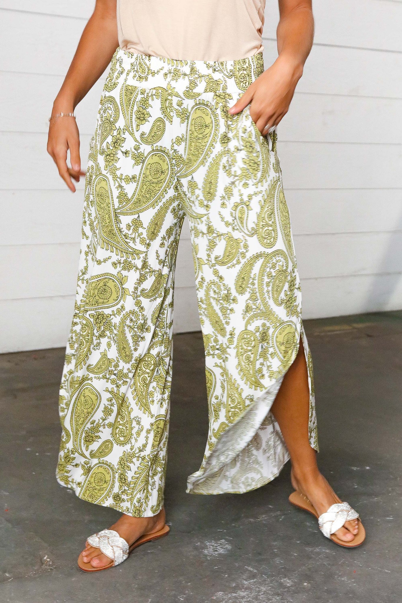 Light Green Paisley Print Side Slit Palazzo Pants