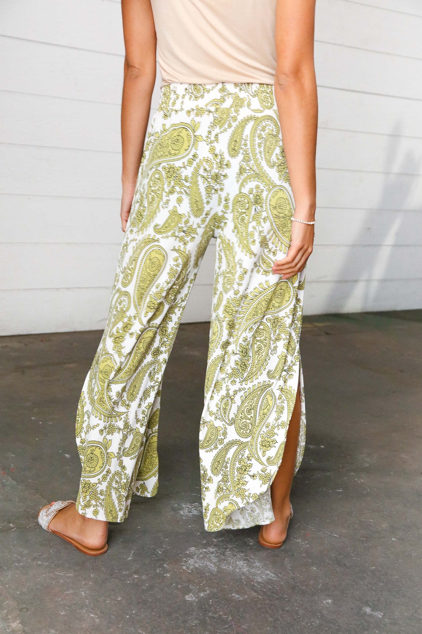 Light Green Paisley Print Side Slit Palazzo Pants