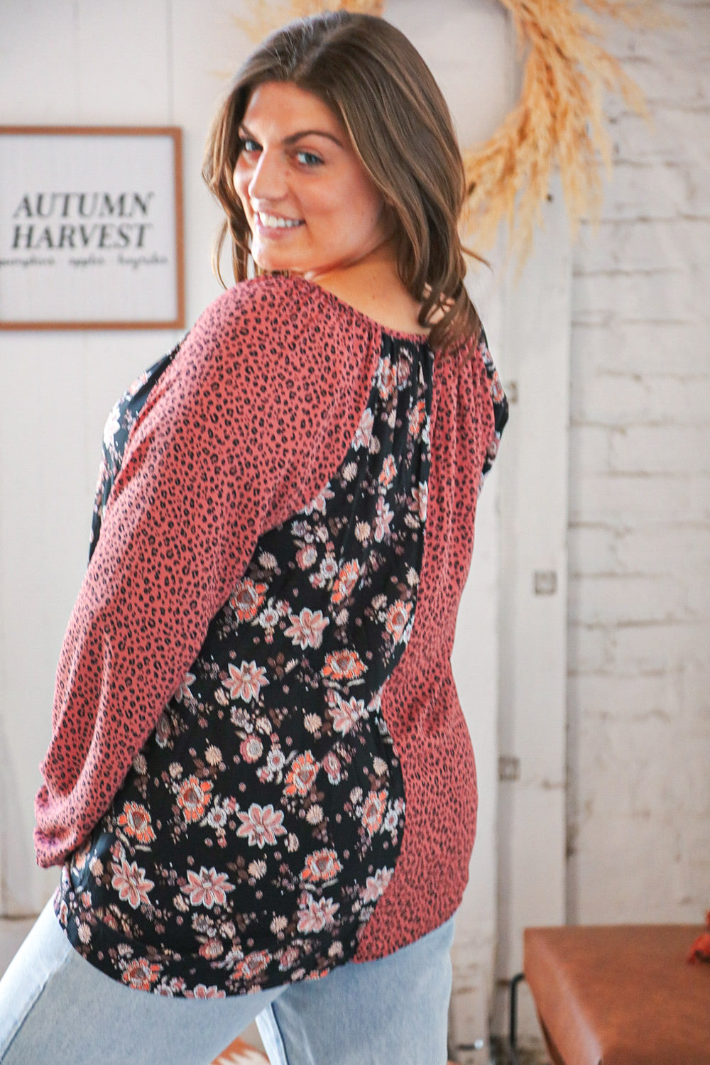 Mauve Leopard and Floral Color Block Key Hole Top