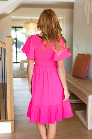 Remember Me Fuchsia Smocked Fit & Flare Flutter Sleeve Dress