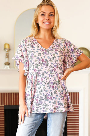 Summer Vibes Blush Floral Print V Neck Babydoll Crepe Top