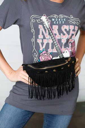 Black Vegan Suede Sling Fringe Fanny Pack/Crossbody