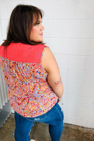 Coral Jacquard Lace Paisley Print Tank Top