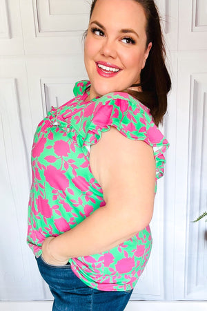 Sassy Green & Fuchsia Floral Ruffle Short Sleeve Yoke Top