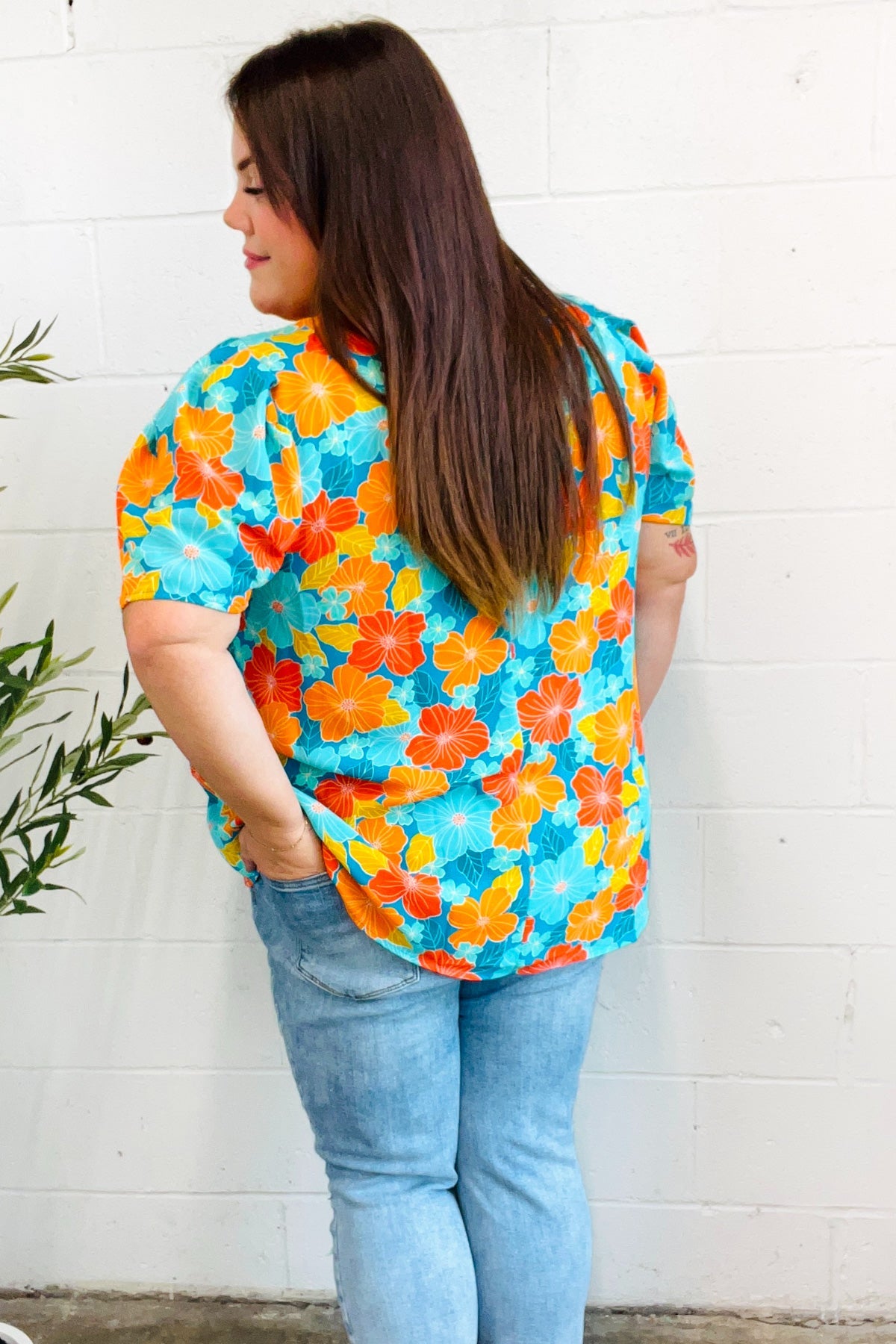 Vacay Ready Blue & Orange Floral Frill Mock Neck Top