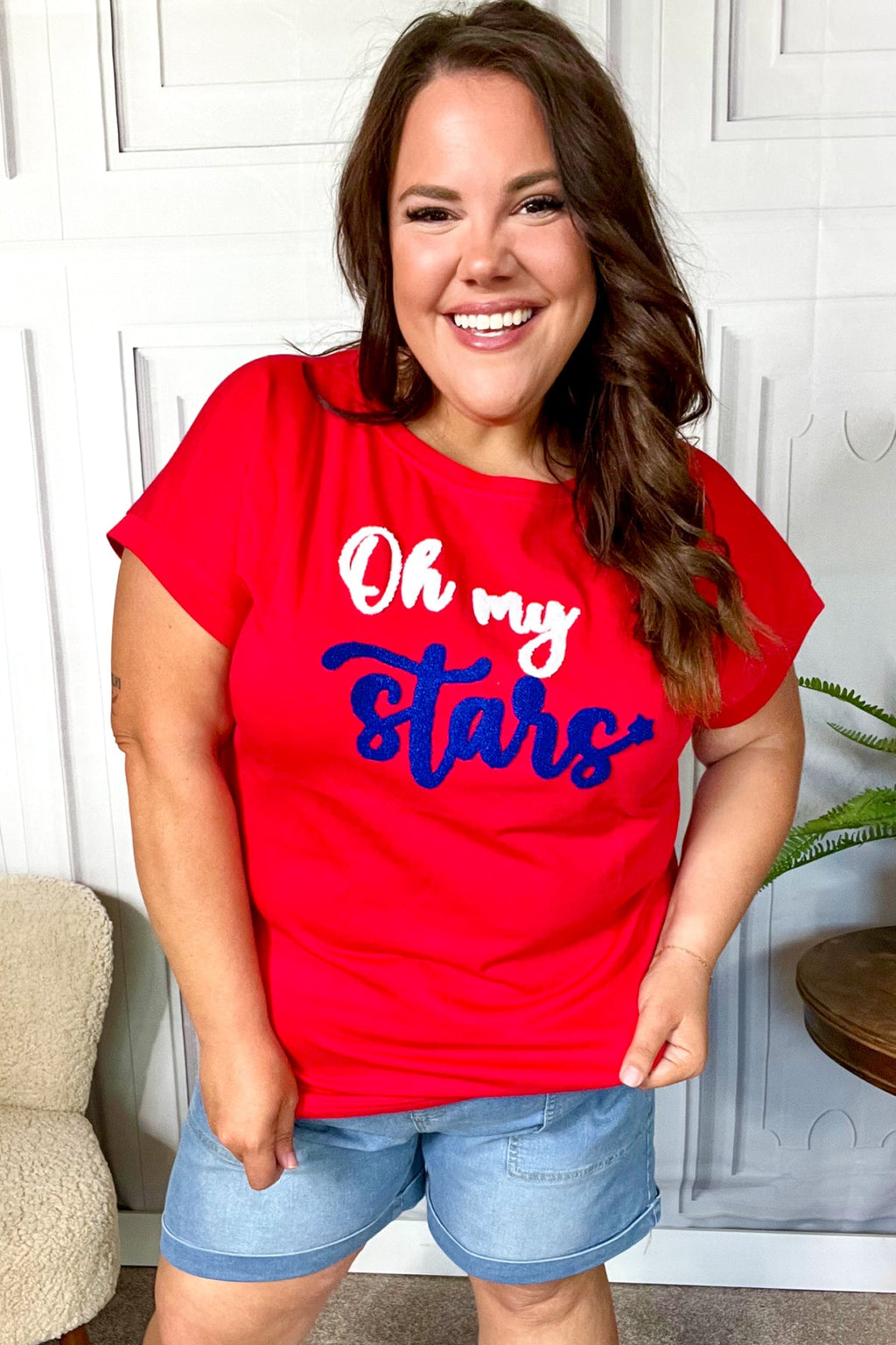 Oh My Stars Red Embroidered French Terry Dolman Top