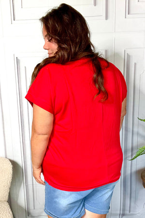 Oh My Stars Red Embroidered French Terry Dolman Top