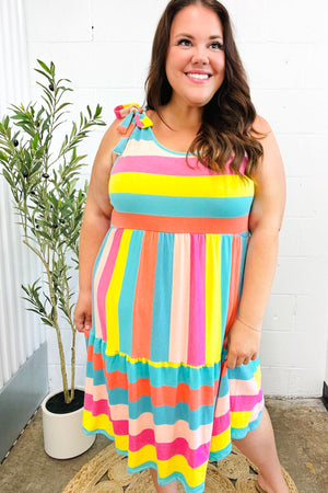 Start The Day Rainbow Stripe Shoulder Tie Tiered Dress