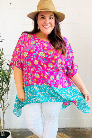 Vacay Ready Fuchsia Paisley Floral Dolman Sleeve Shark Bite Top