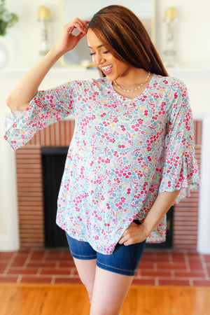 Feeling It Blue Floral Print Ruffle Three Quarter Sleeve Top