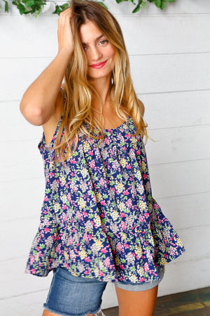 Navy Floral Ruffle Hem Sleeveless Top