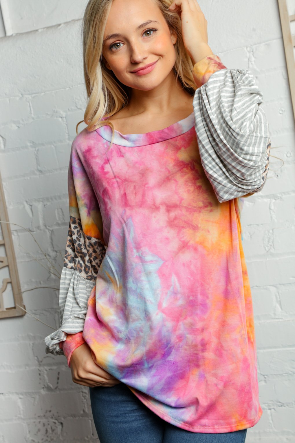 Tie Dye Leopard Print and Stripe Long Sleeve Tunic