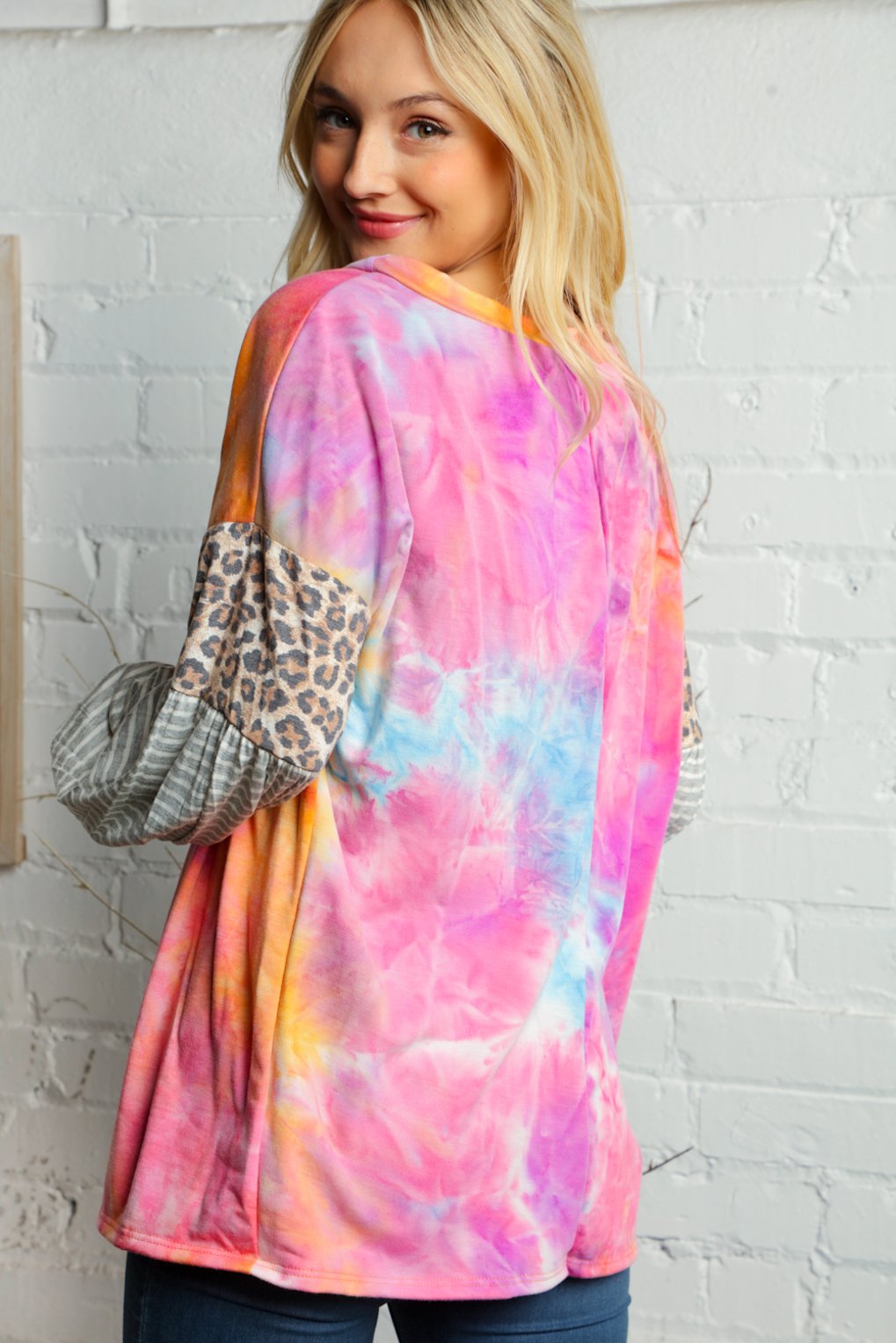 Tie Dye Leopard Print and Stripe Long Sleeve Tunic