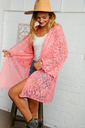 Peach Three Quarter Sleeve Cream Lace Kimono