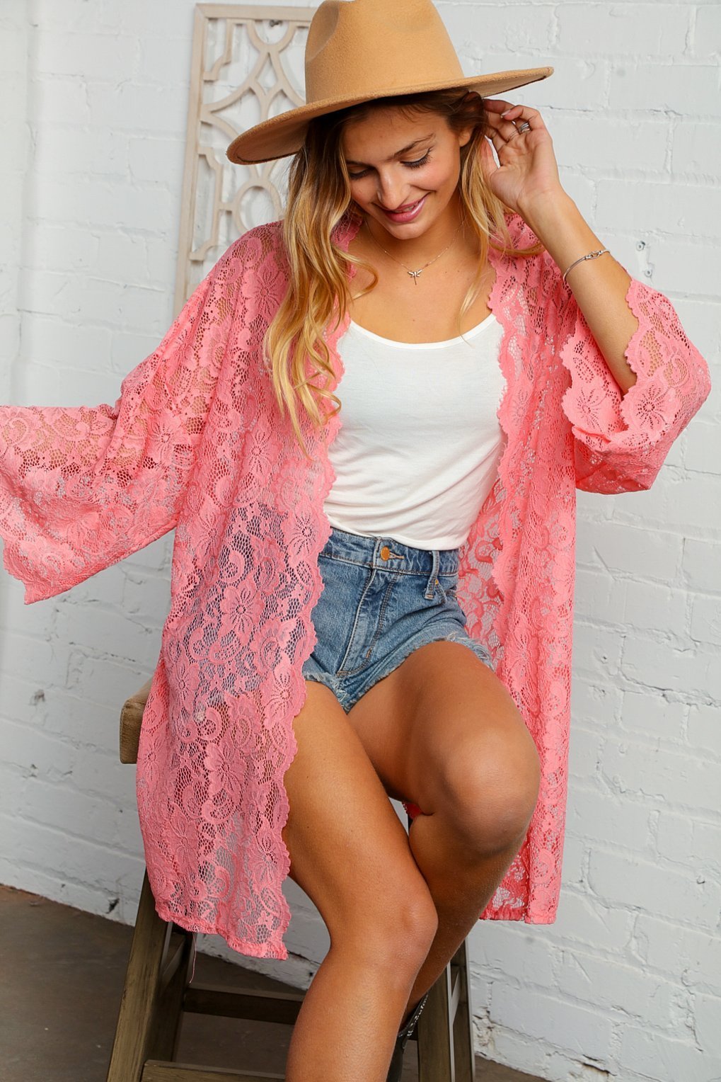 Peach Three Quarter Sleeve Cream Lace Kimono