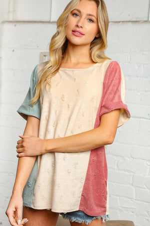 Multi Color Ripped Design Capped Sleeve Knit Top